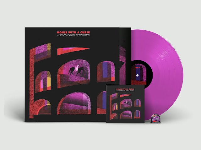A mockup of the 'House With A Curse' vinyl album sleeve by illustrator Frances Castle. The cover artwork references a scene from The Phantom of the Opera where The Phantom is leading Christine down into the tunnels below the opera house. She is wearing a white dress and is sitting on a horse. 

The mock-up shows a vinyl record coming halfway out of the sleeve. The vinyl is a pinkish purple. The image also shows the CD version of the cover and a small enamel badge. 